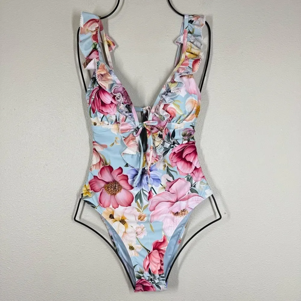 Cupshe X Jojo Fletcher Vintage Rose Ruffle Trim Cheeky One Piece Swimsuit Size S